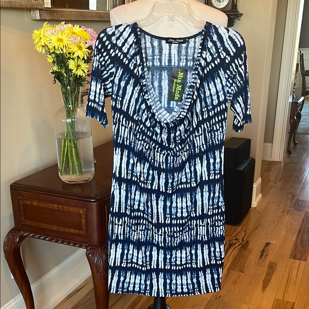 Blue and White Rain Cowl Neck Dress
